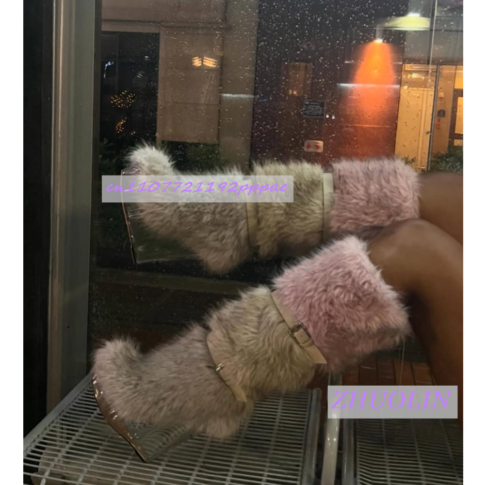 Women'S Fashion Knee High Boots - Kış Gradyan Tüylü Şeffaf Dolgu Topuklu